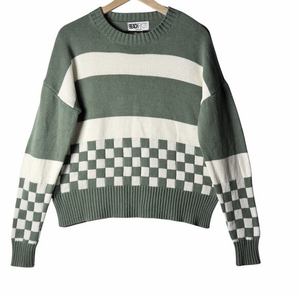 Beach Riot Sweaters - Beach Riot Checkered & Stripe Knit Crewneck Sweater Sage Green Cream Women M